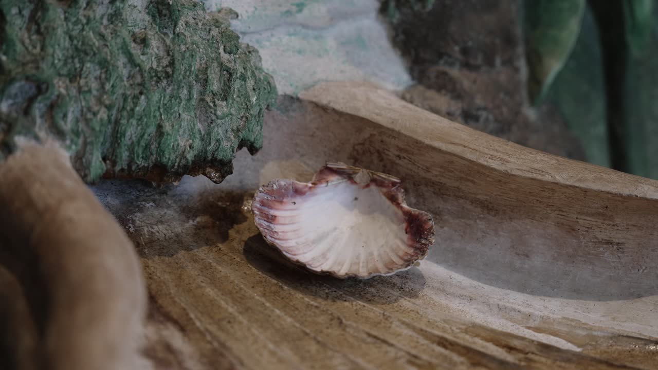 scallop shell lies inside a worn stone basin traditionally used for baptisms