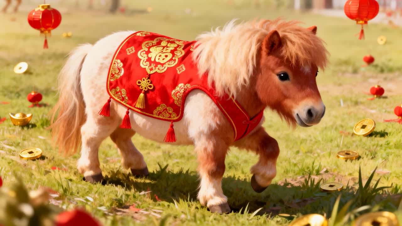 Walking pony lifting hoof and starting across festival meadow with red cloth, lanterns, coins