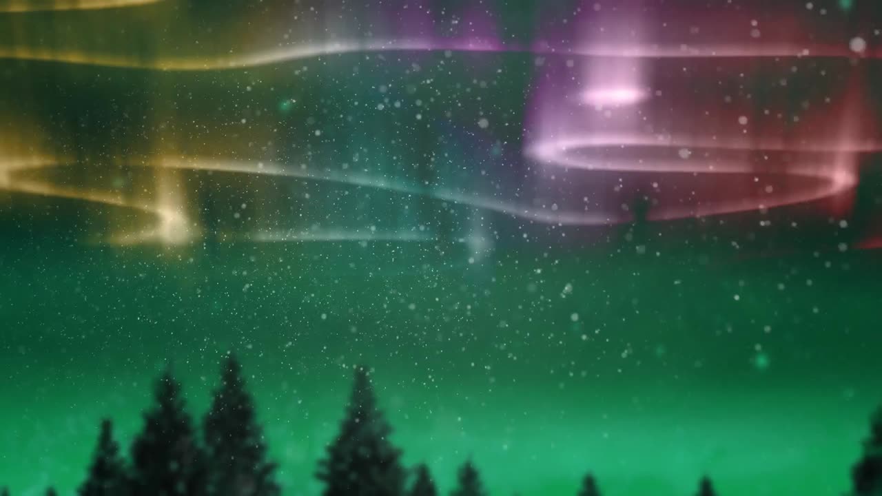 오로라 보레알리스의 애니메이션 노란색과 분홍색으로 빛나는 트레일이 풍경과 눈에 떨어지고 있습니다.
