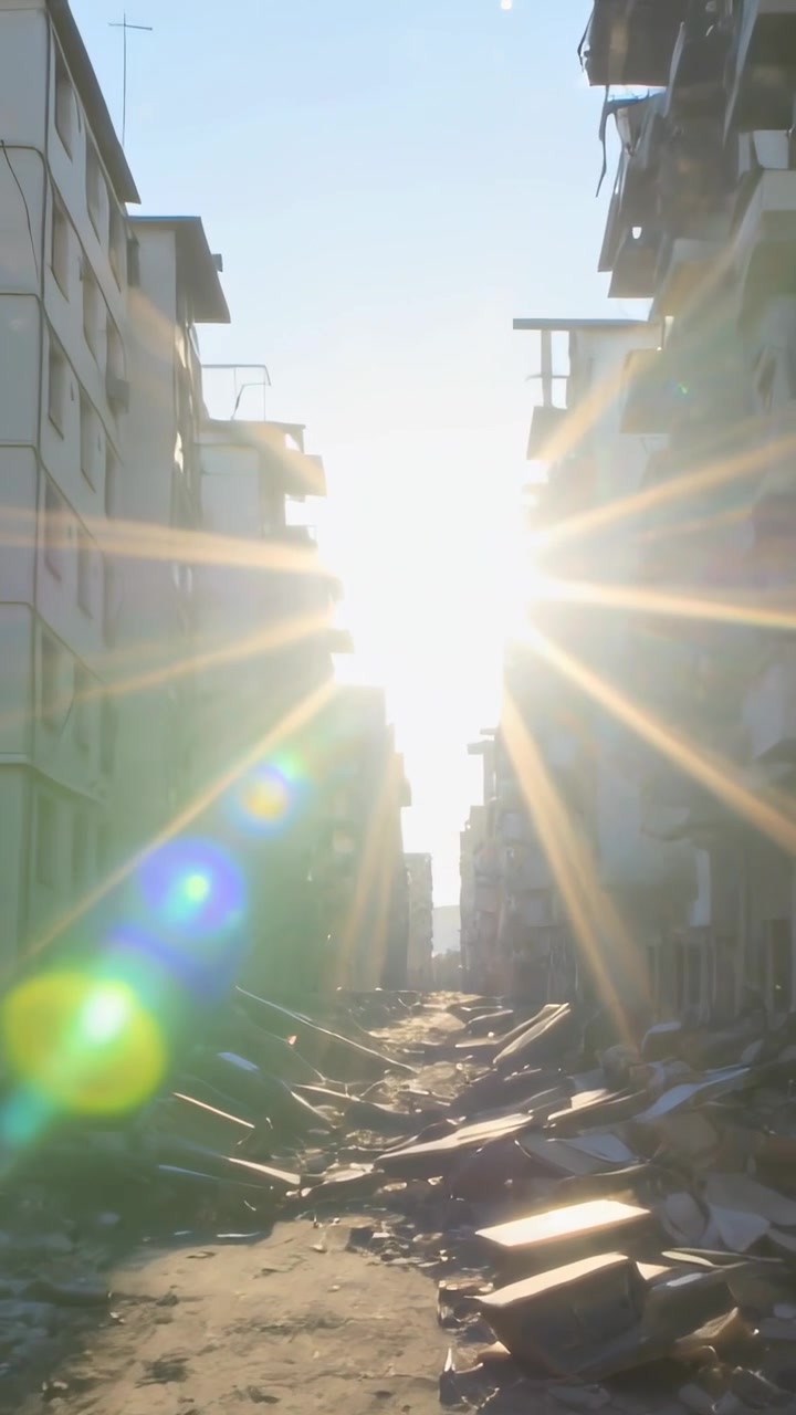 Video vertical: Sol bajo entre edificios, exposición aumentando en cámara, destellos barriendo un callejón de escombros