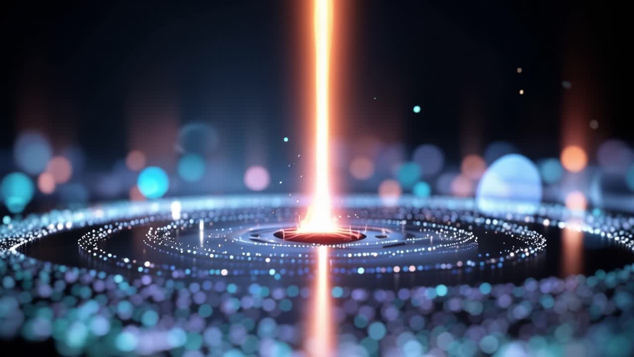 Futuristický energetický paprsek stoupající ze soustředných částicových prstenců.