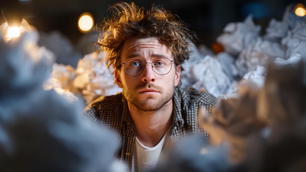 A Frustrated Individual Surrounded by Crumpled Paper, Capturing the Essence of Creative Block and Overwhelm in a Dimly Lit Environment