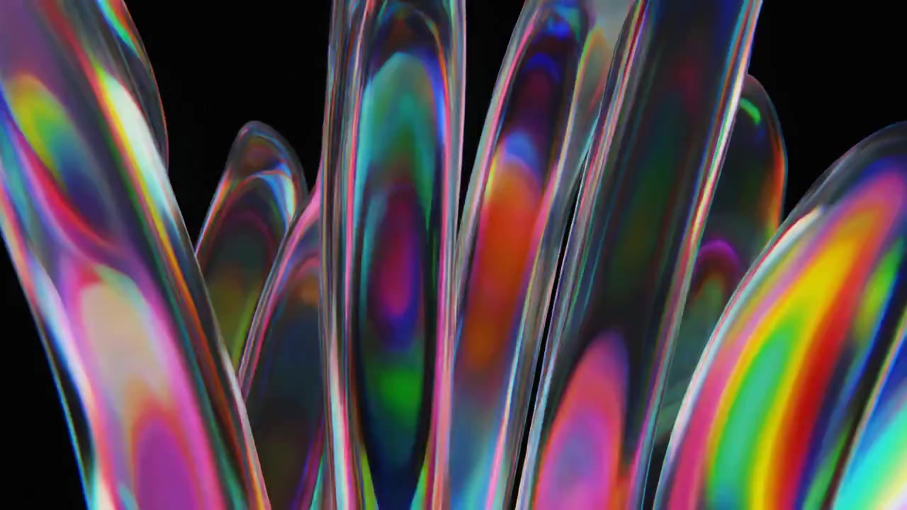 Animazione 3D astratta di tubi di vetro iridescenti che si muovono su sfondo nero.