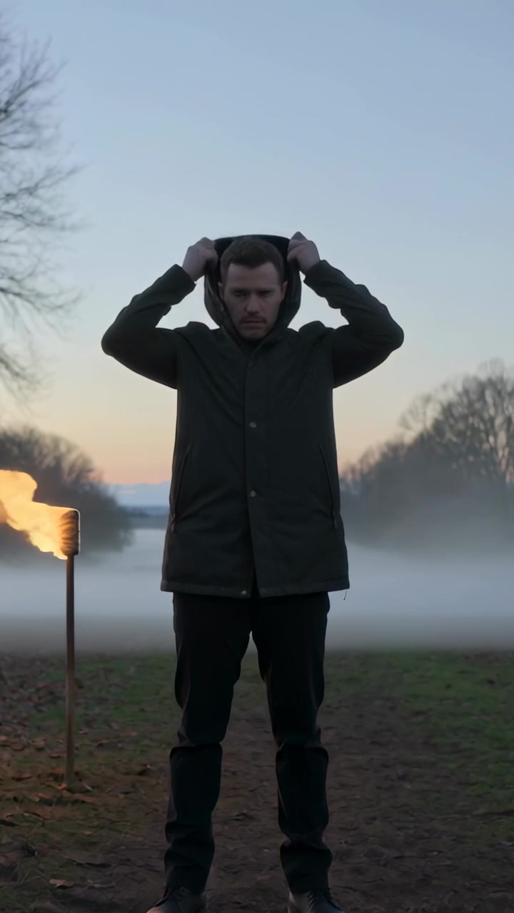 Video verticale: Sentendo freddo, un uomo con un parka scuro si mette il cappuccio in un campo all'alba, con torcia e nebbia.
