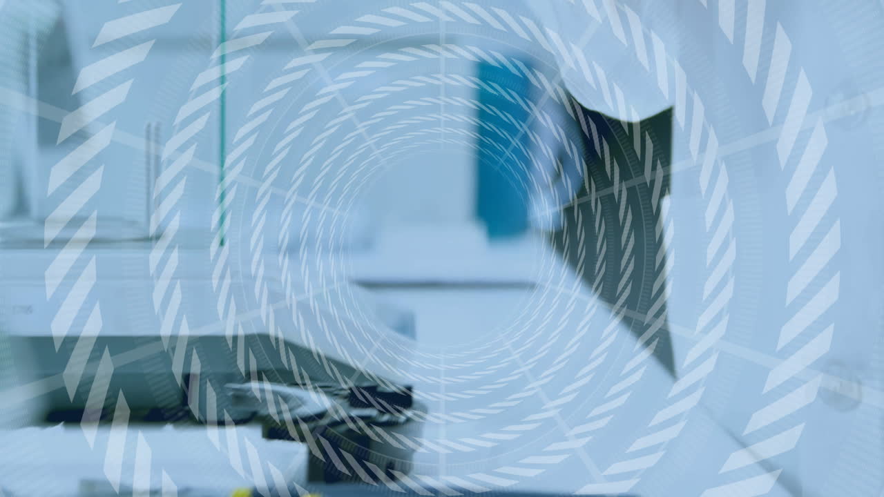 Spiral pattern animation over blurred laboratory equipment in scientific setting