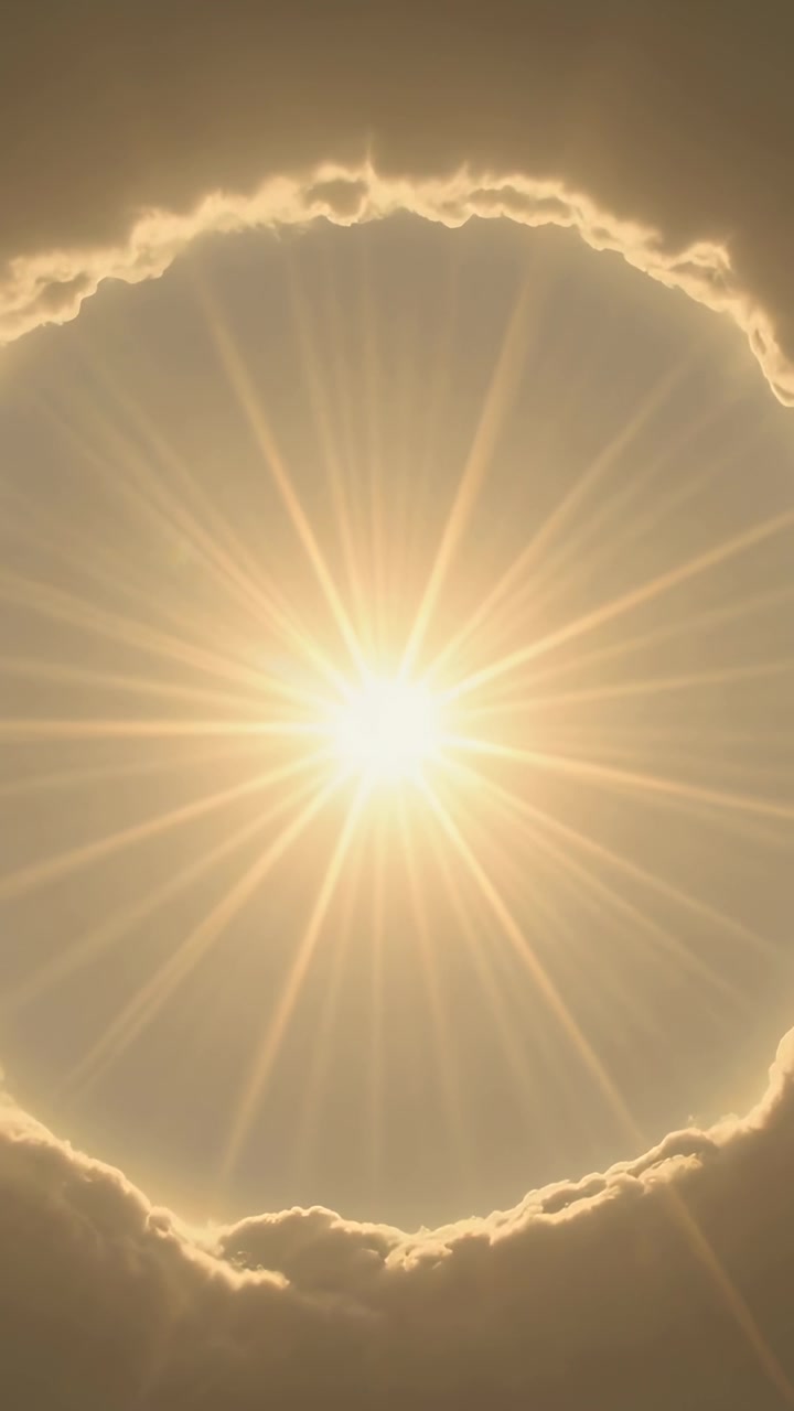 Vertical video: Peeking sun sending rays through cloud ring in blue sky, rim flickering from haze