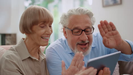 happy senior man and woman waving hands at camera during video call