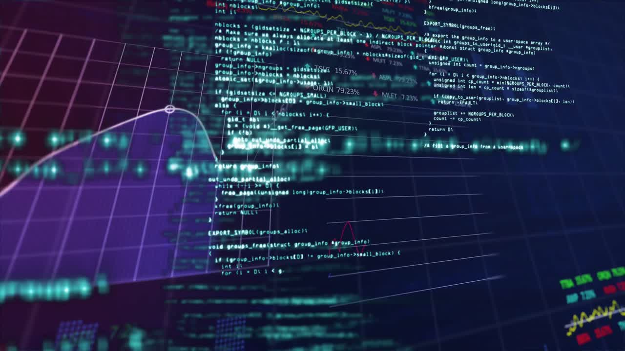 Animation of statistical and stock market data processing against blue background