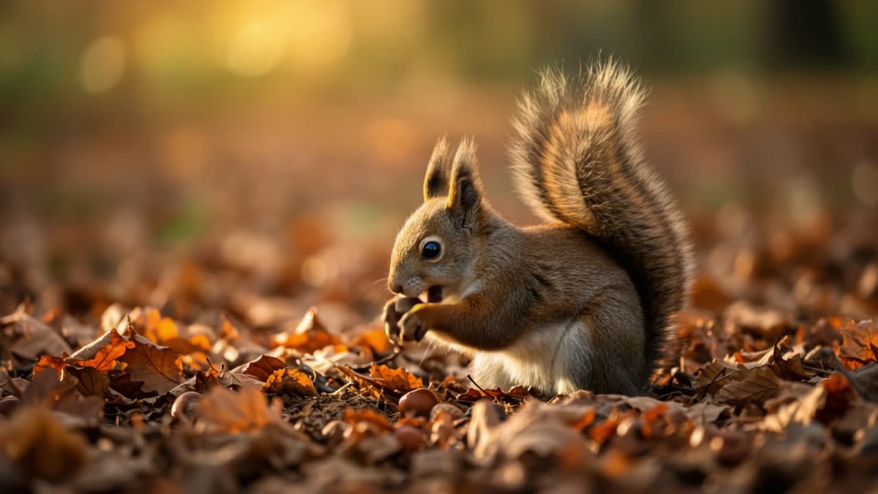 Et nysgerrigt egern fouragerer i efterårsblade og indfanger skønheden ved naturens skiftende årstider med det varme sollys i baggrunden