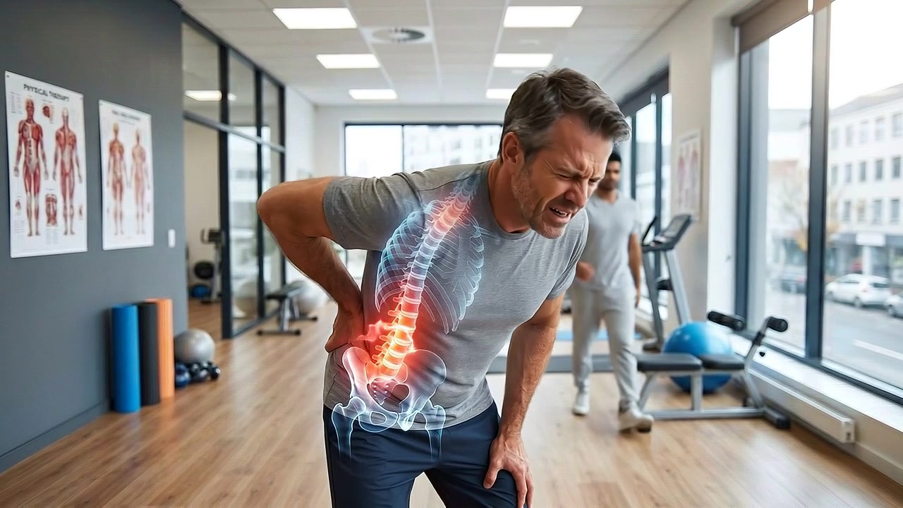 Man Experiencing Back Pain in Physical Therapy Clinic