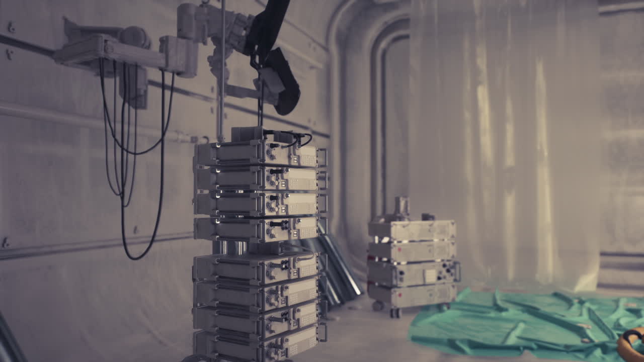 футуристическая промышленная лаборатория с роботами и серверными стойками