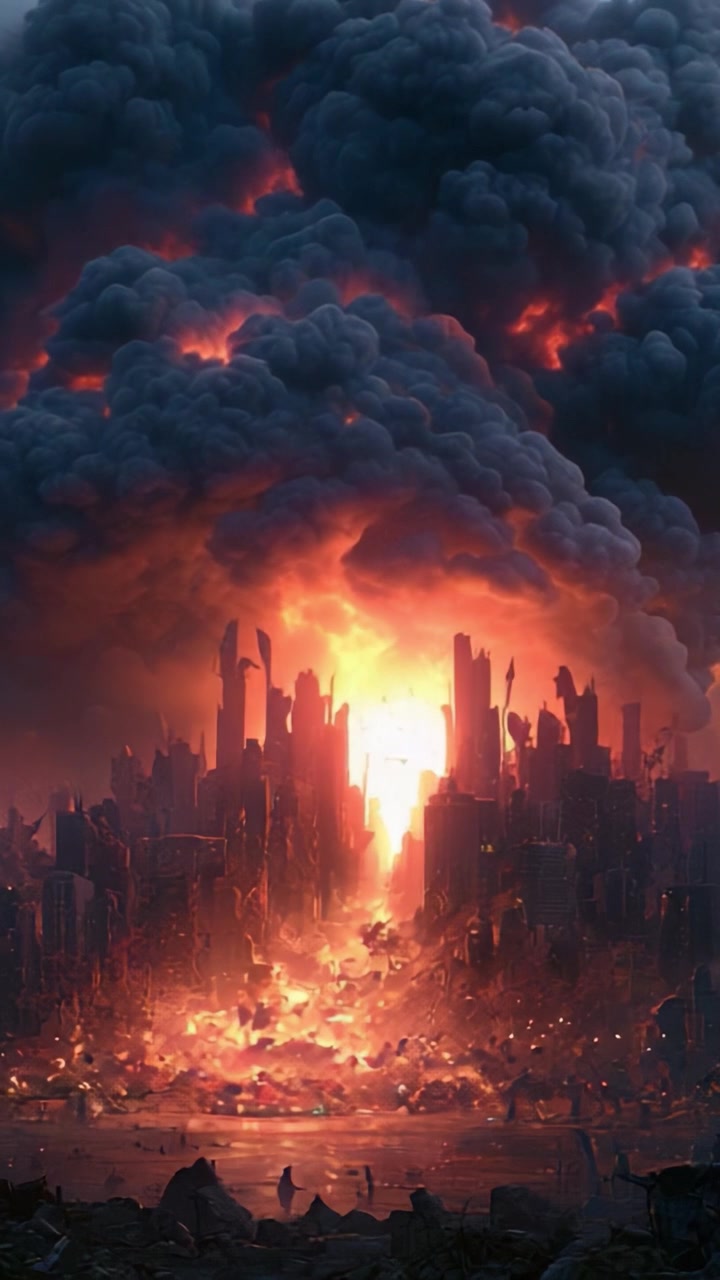 Un Inferno Catastrofico: Una Rappresentazione Artistica di un Paesaggio Urbano nel Caos Inghiottito da Esplosioni Infuocate e Nuvole Temporalesche Scure che Riflettono Distruzione e Distopia