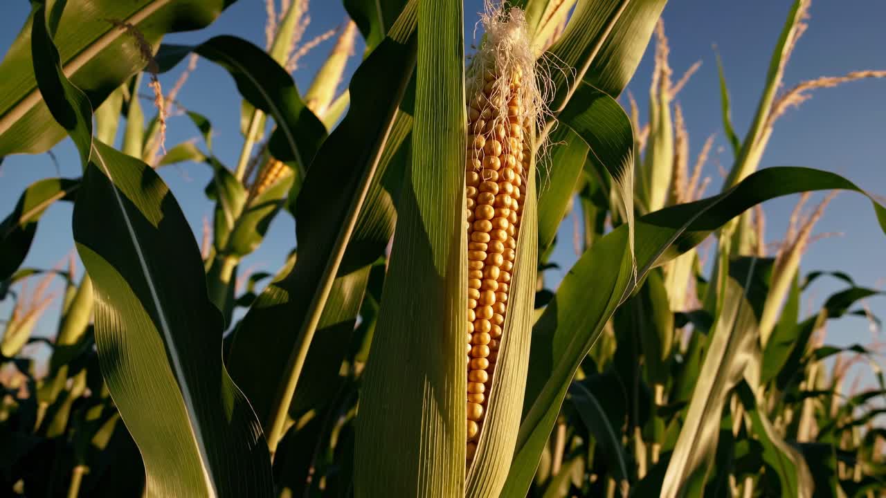 Nahaufnahme aus der Froschperspektive von Maisstängeln auf einem Feld, die die goldenen Maiskörner vor einem klaren Himmel hervorhebt