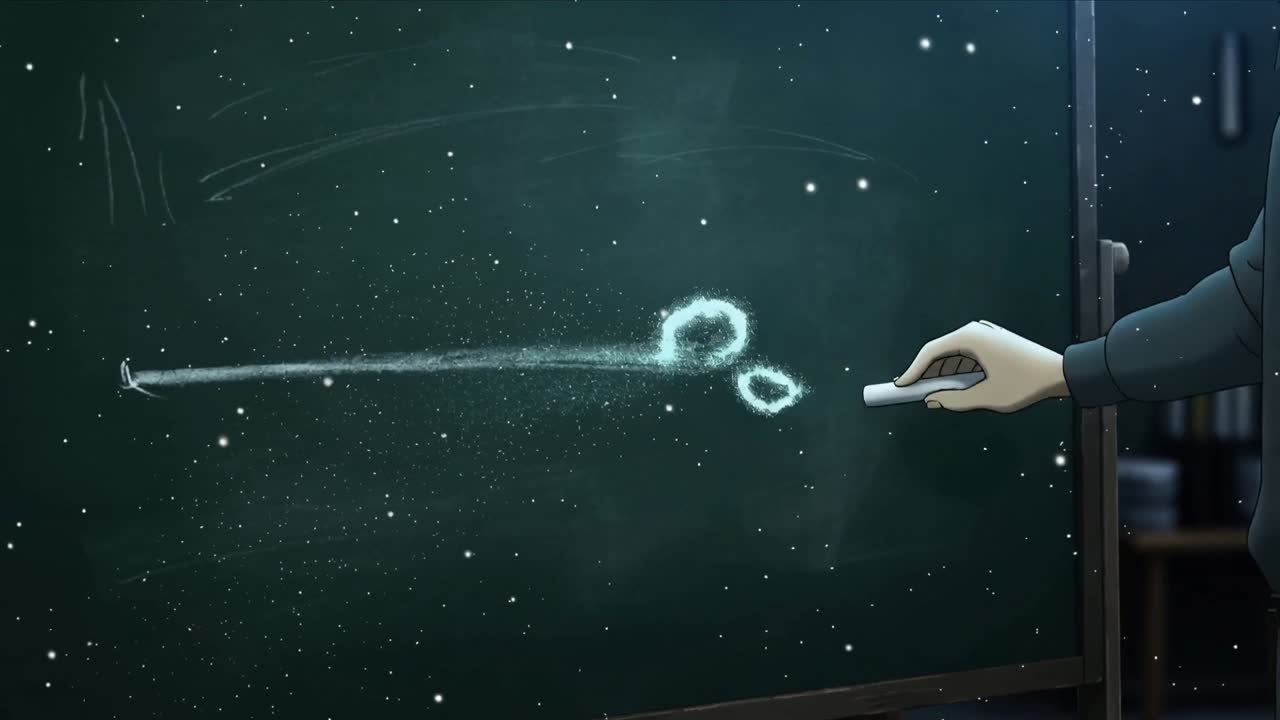 Chalk touching board, teacher in dark shirt drawing line on school board, dust swirl, copy space