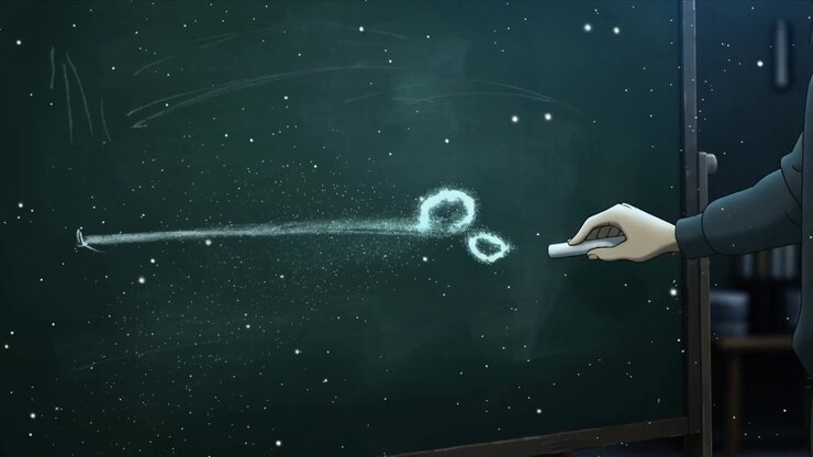 Chalk touching board, teacher in dark shirt drawing line on school board, dust swirl, copy space