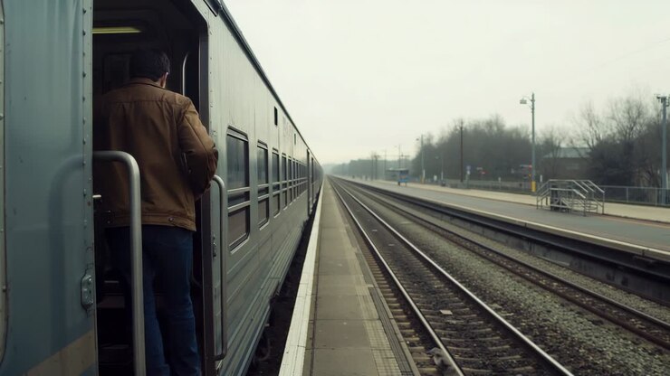 Stepping man boarding carriage as train stopping at platform, brown jacket, holding bag, copy space
