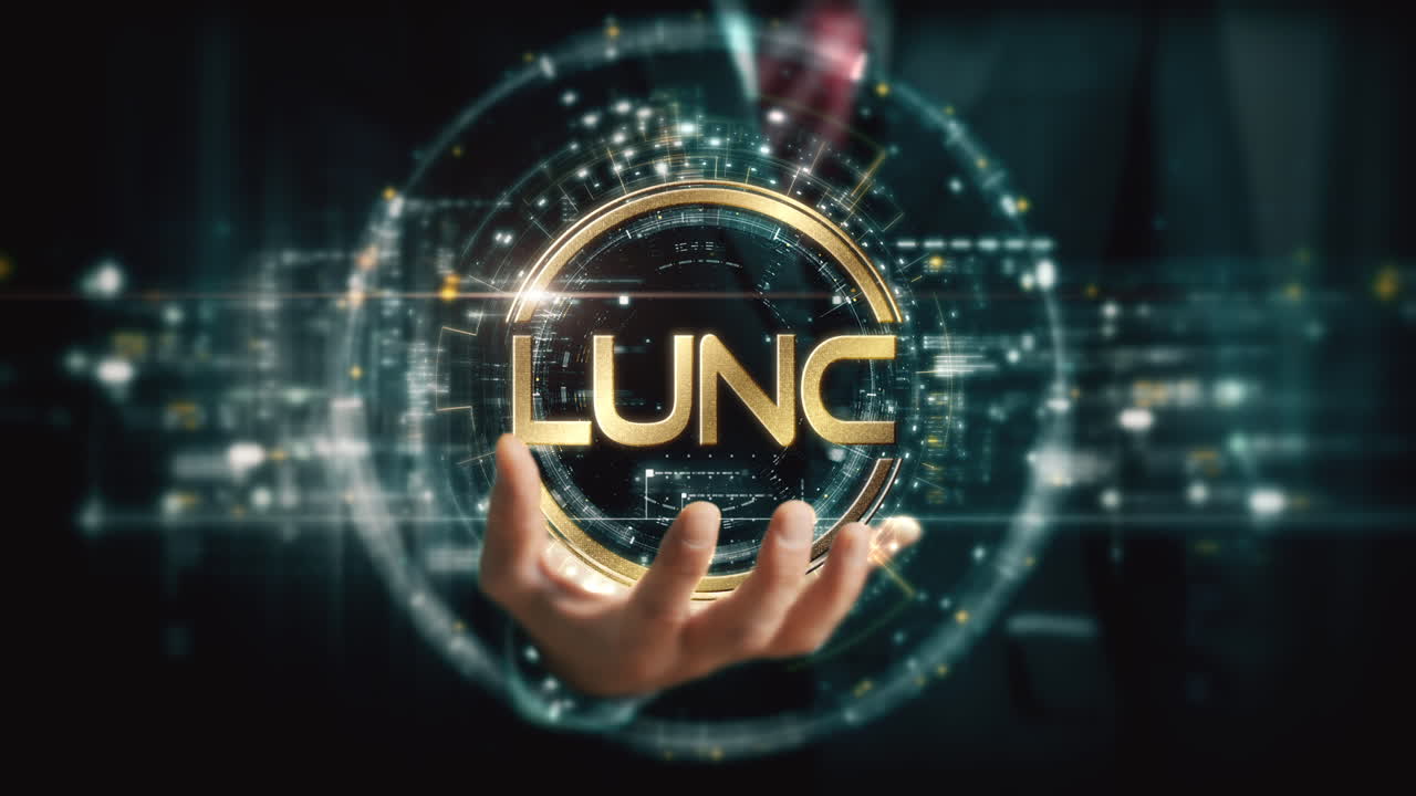 A visionary businessman extends his hand, unveiling a vibrant futuristic holographic display showcasing global crypto trading, business analytics, stock exchanges, and market trends : LUNC, LunaC