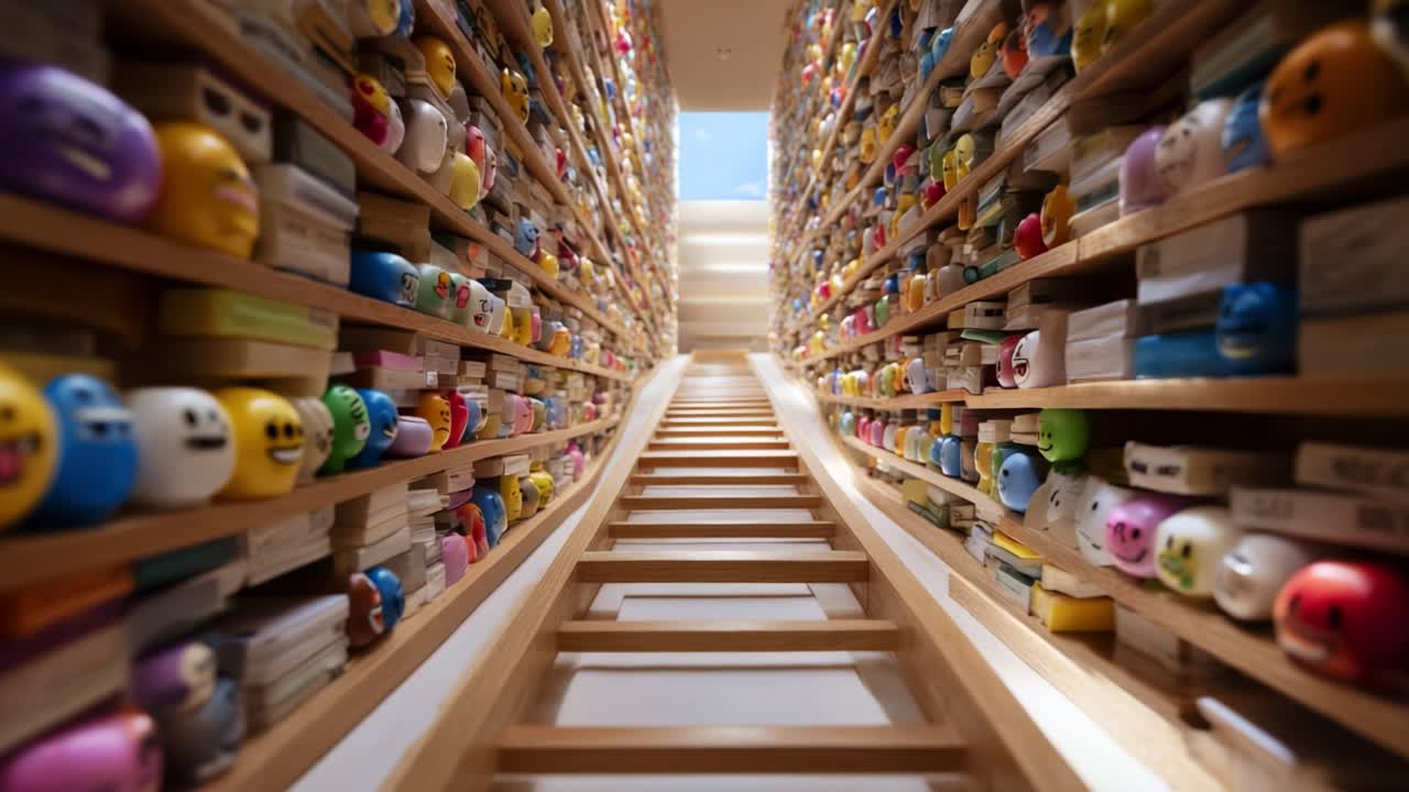 Un affascinante viaggio visivo attraverso una stravagante biblioteca piena di personaggi colorati, ogni scaffale ricco di volti ed espressioni uniche che invitano alla curiosità e alla meraviglia