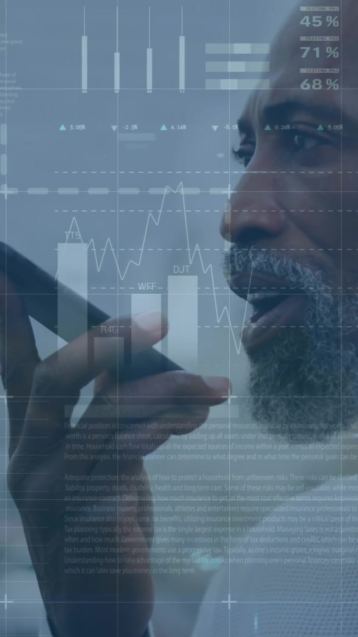Animation of financial data processing over african american man on smartphone