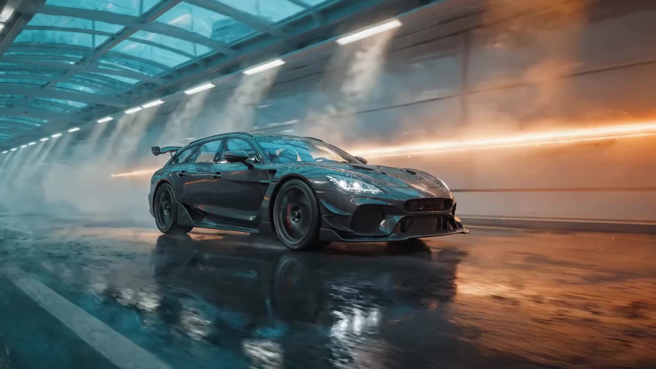 Auto sportiva ad alte prestazioni che sfreccia attraverso un moderno tunnel urbano, emanando potenza e velocità con riflessi di acqua e luce che esaltano l'atmosfera drammatica.
