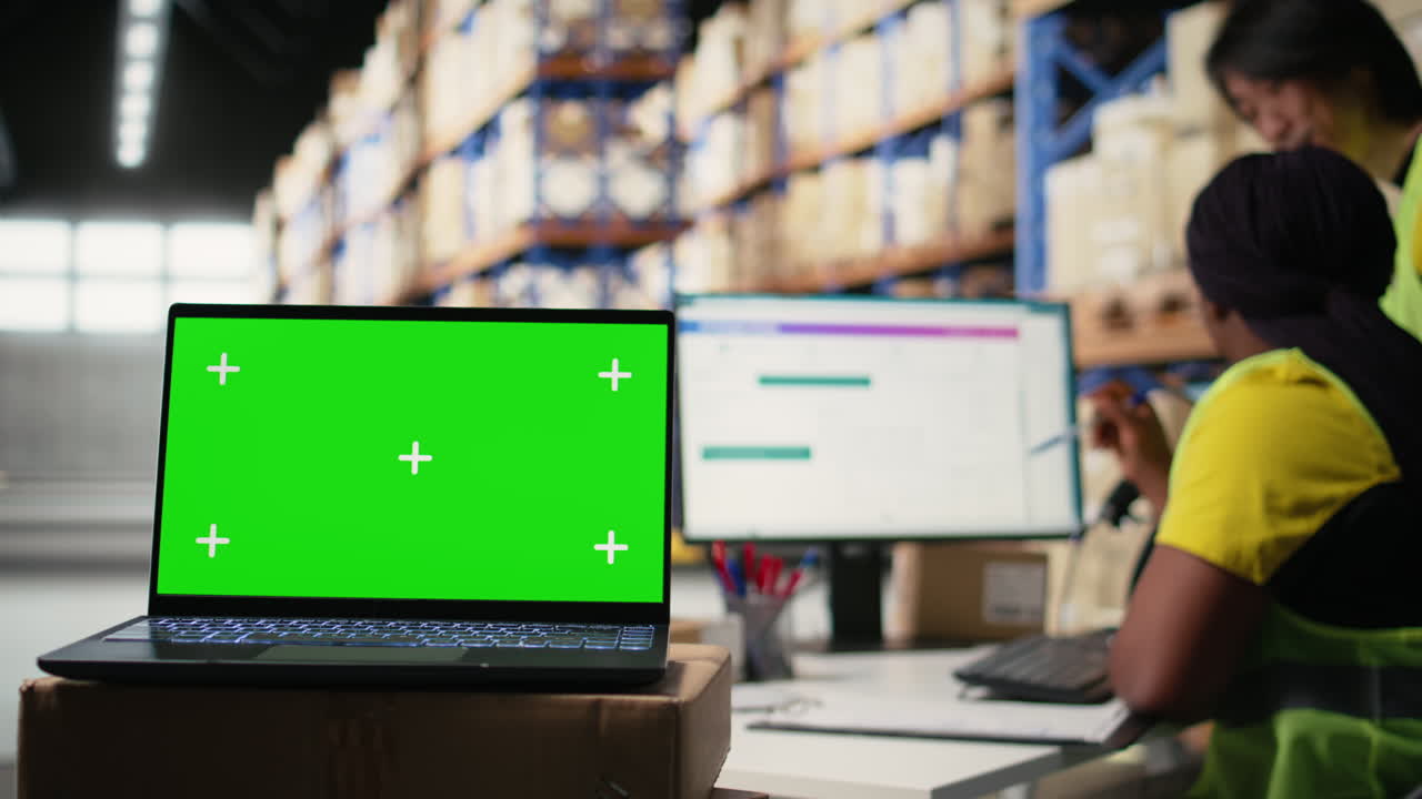 Warehouse staff works next to green screen on computer display