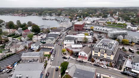 aerial high above mystic connecticut and draw bridge below