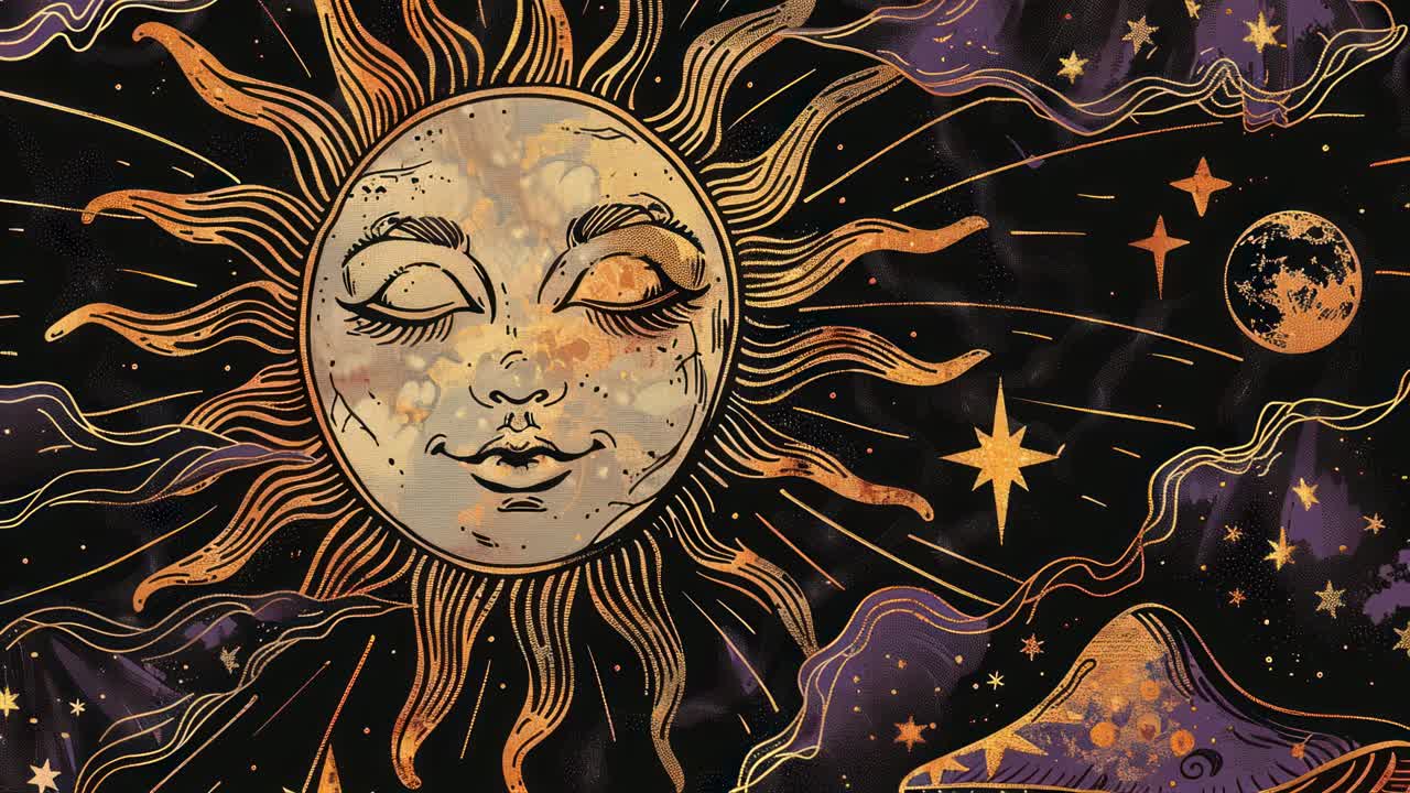 A celestial-themed video background featuring a stylized sun with a face, surrounded by stars