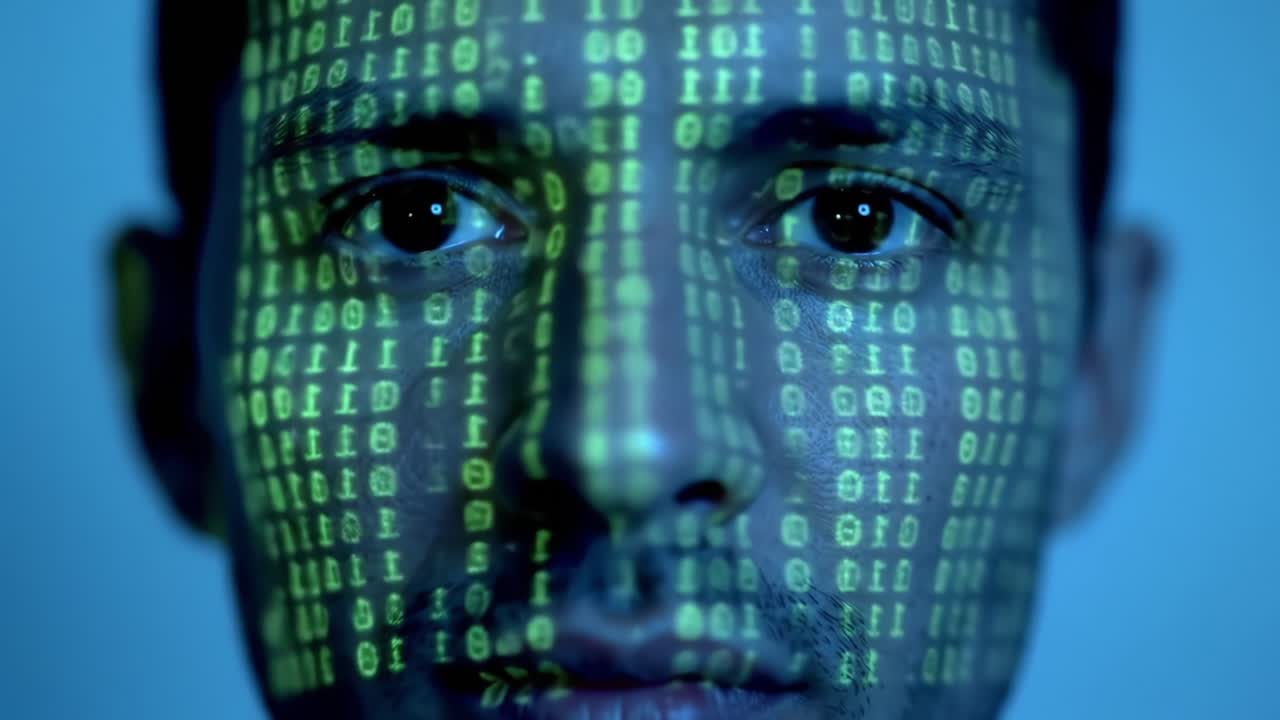 A captivating visual representation of technology's impact on the human experience, showcasing a face illuminated by binary code that symbolizes the merge of humanity and digital advancement