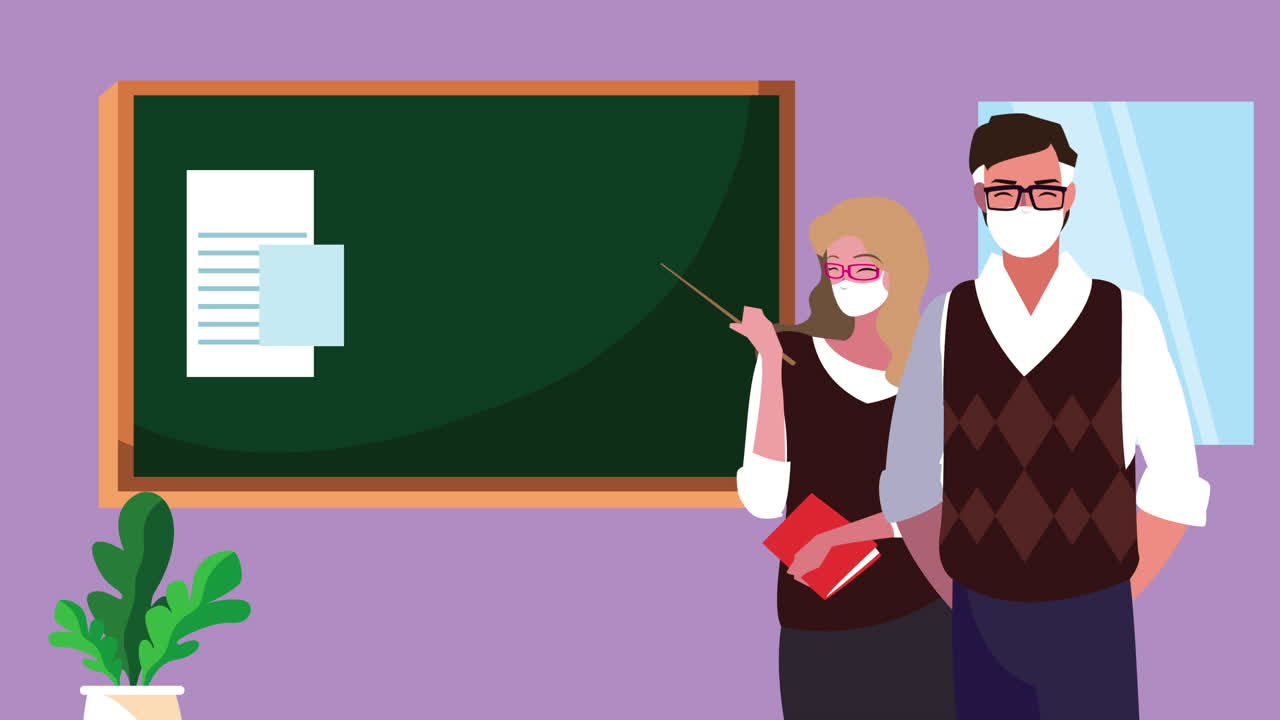 teachers wearing medical masks for covid19 characters in classroom