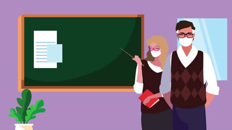 maestros que usan máscaras médicas para los personajes de covid-19 en el aula