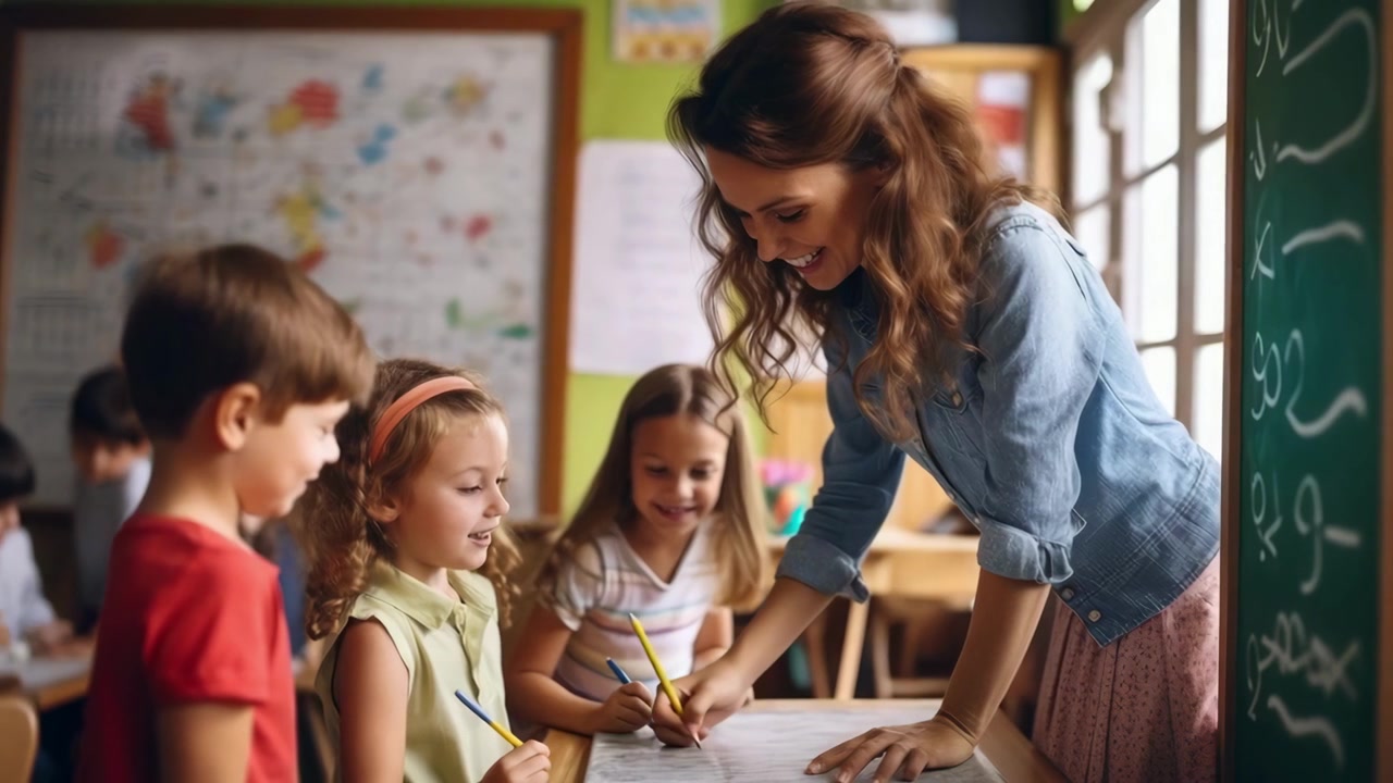 Insegnante che aiuta giovani studenti a disegnare in classe