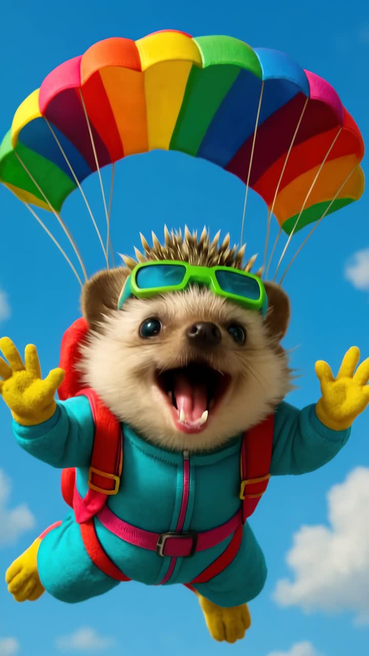 A playful, colorful video concept featuring a hedgehog skydiving with a rainbow parachute