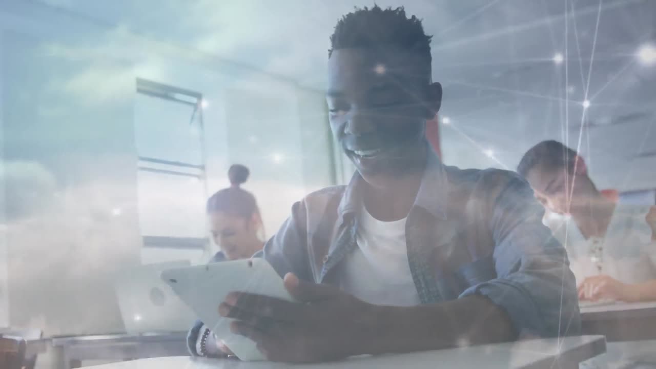 Animation of networks of connections over student using tablet