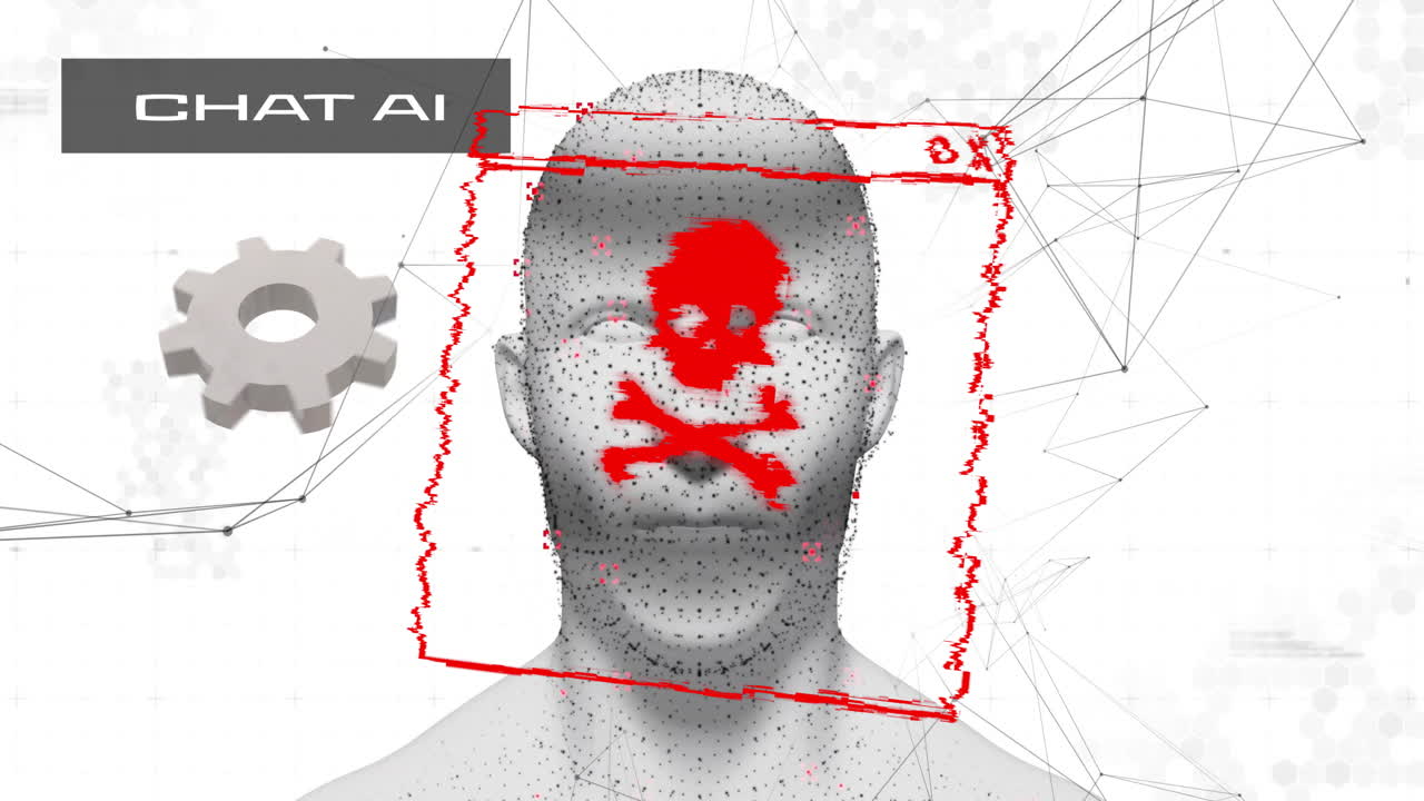 추상적인 네트워크 배경과 함께 디지털 인간 머리를 통해 악성코드 검출