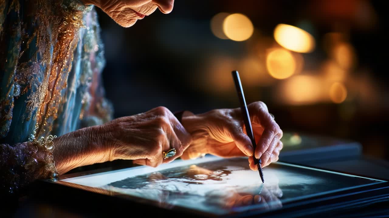 An elderly artist passionately engaged in creating intricate artwork, utilizing fine tools and a glowing surface to bring her creative vision to life with skill and elegance