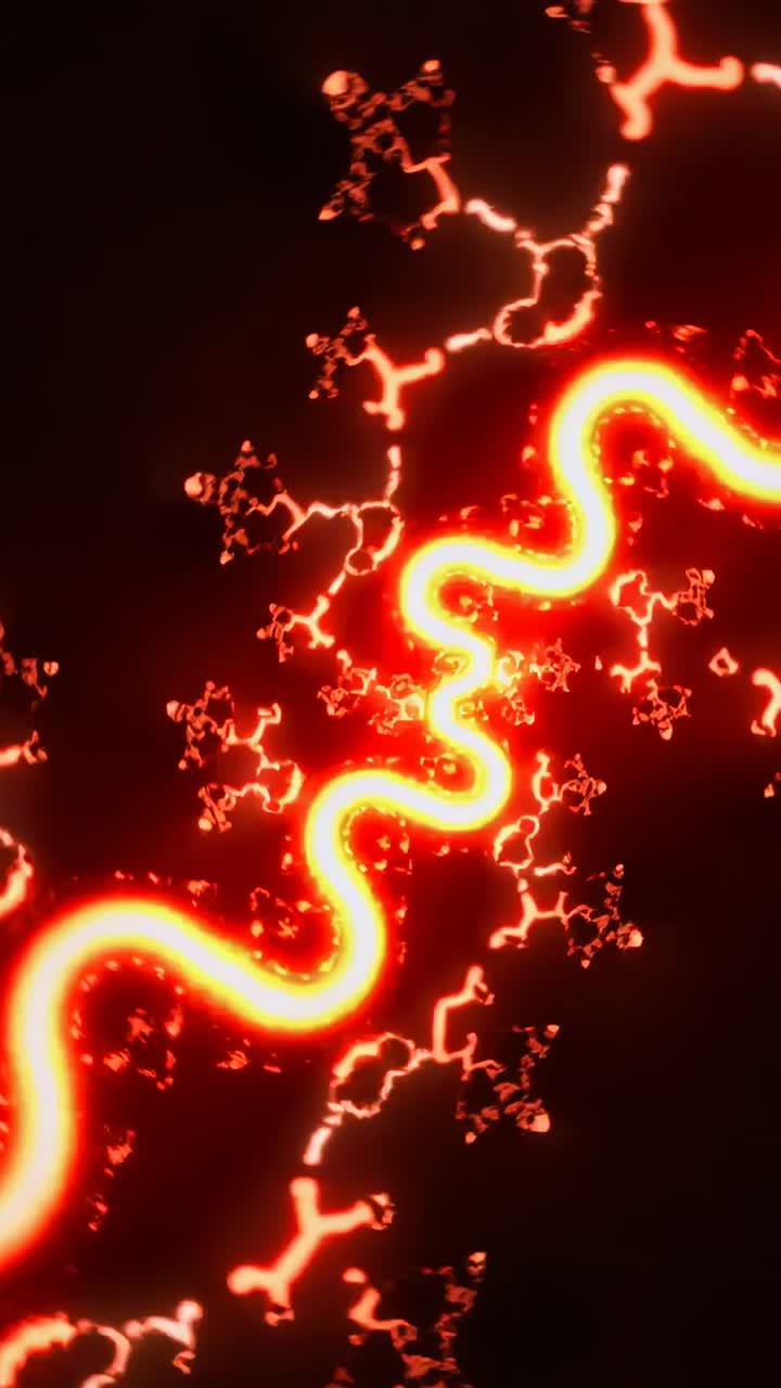 Vertical video: Glowing neon ribbon shifting across dark void causing motifs to spark and cluster