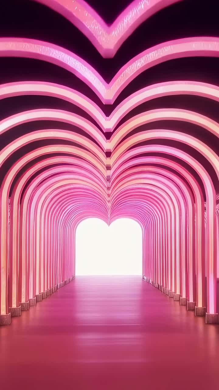 Vídeo vertical: luzes formando arcos de coração pulsando em rosa, revelando saída de coração brilhante, chão do saguão