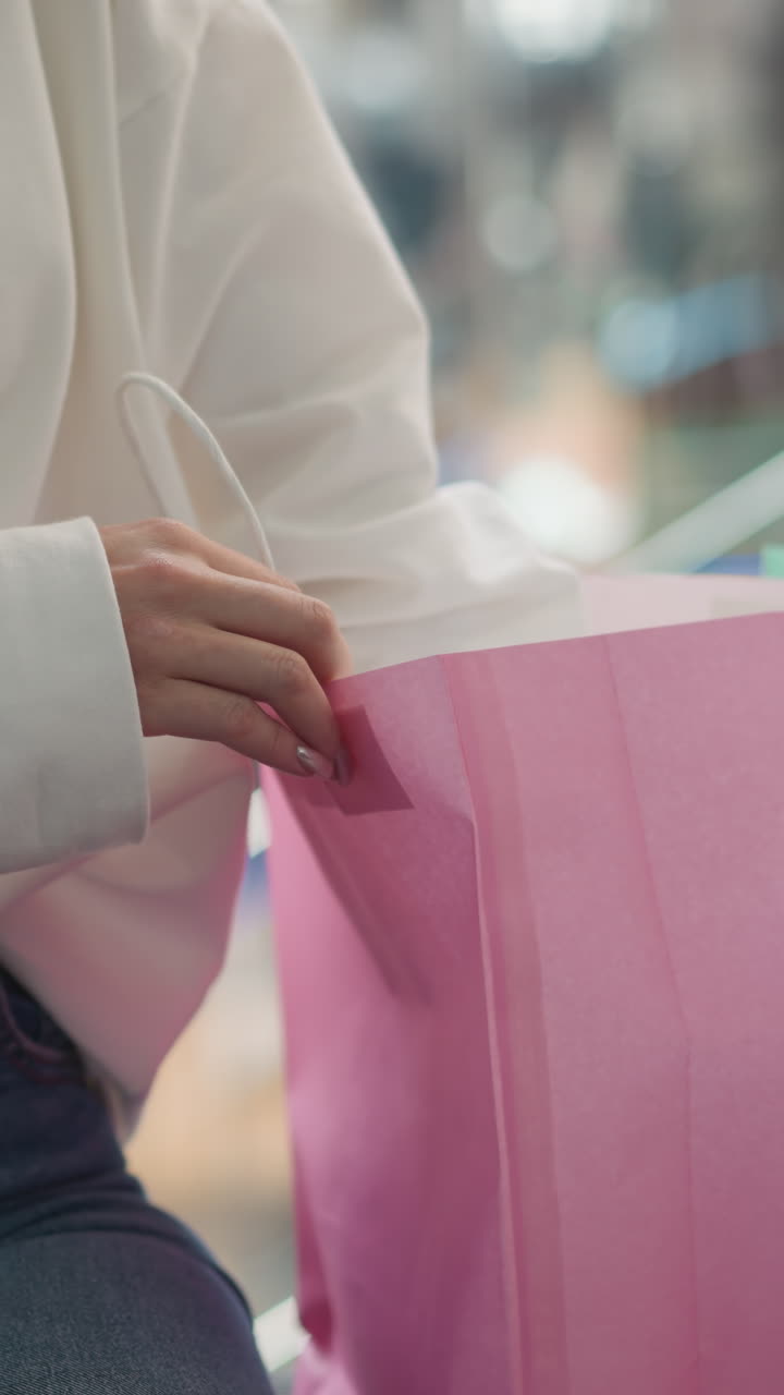 primer plano de una mujer con una sudadera blanca recuperando un libro cubierto de amarillo de una bolsa de compras rosada, sentada en un centro comercial moderno con barandillas de vidrio y bolsas de compras coloridas en el fondo