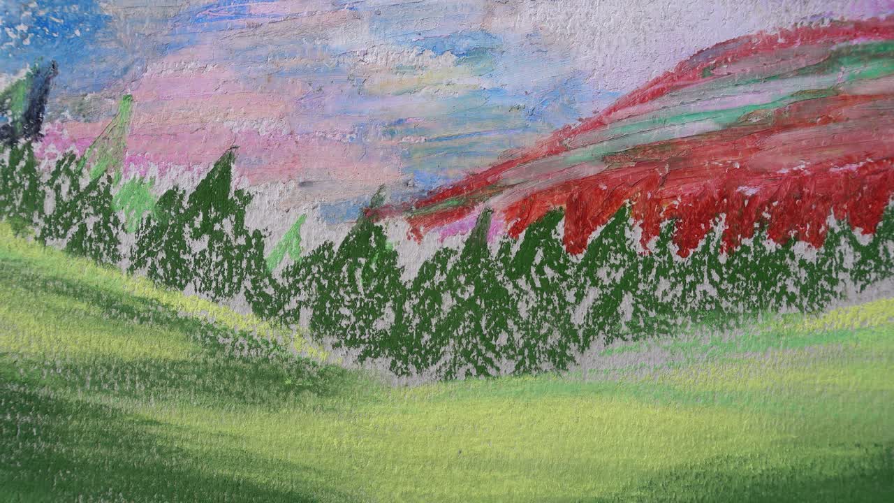 Teckning av skog och berg. Filmning av teckningen.