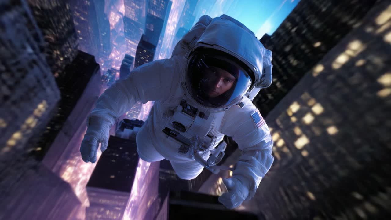 An Astronaut Soars Through a Futuristic Cityscape, Gliding Between Tall Skyscrapers in a Daring Display of Zero Gravity and Urban Adventure in a Dazzling Night Sky