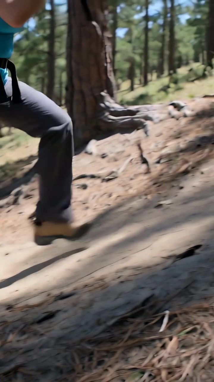 Video vertical: Excursionista subiendo usando un bastón de trekking para apoyarse en un sendero de pinos iluminado por el sol, con camiseta turquesa.