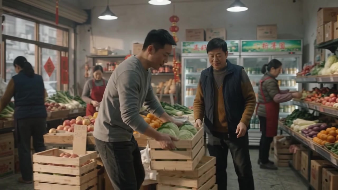 地元の食料品店に新鮮なキャベツの木箱を配達する男性