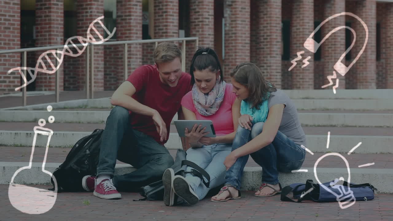 iconos de concepto de ciencia contra un grupo de estudiantes que usan tabletas digitales
