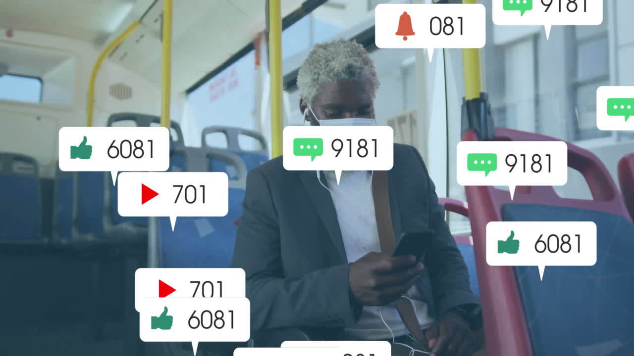 Wearing mask on bus, man using phone with animation of notifications