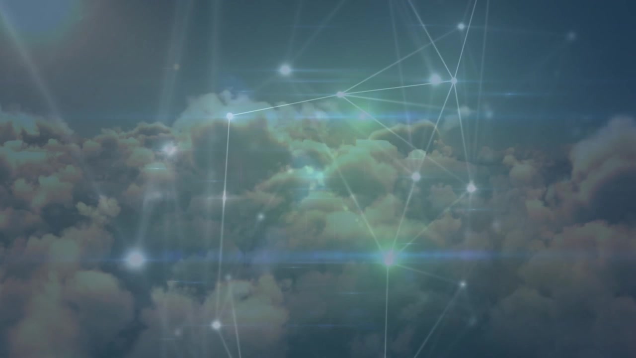 Glowing network of connections over clouds in the sky