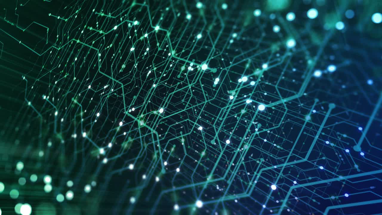 Abstract tech background made of printed circuit board. Depth of field effect and bokeh. internet connections, cloud computing and neural network, big data. 3D render, 4K seamless loop
