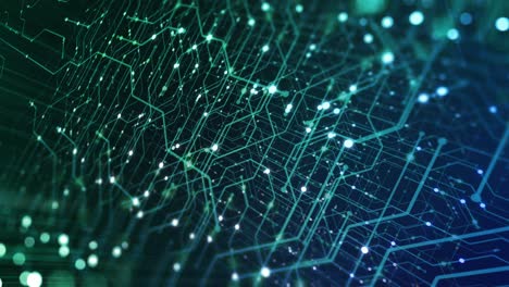 abstract tech background made of printed circuit board. depth of field effect and bokeh. internet connections, cloud computing and neural network, big data. 3d render, 4k seamless loop