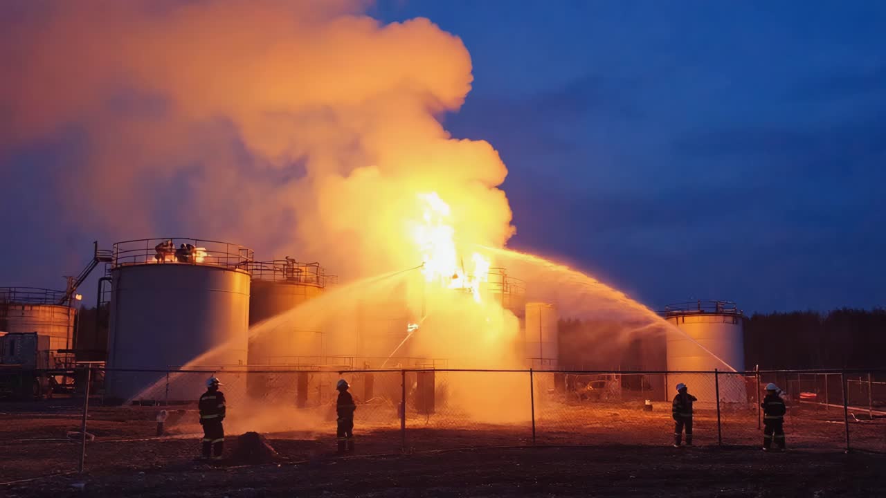 Firefighters battling a tank fire