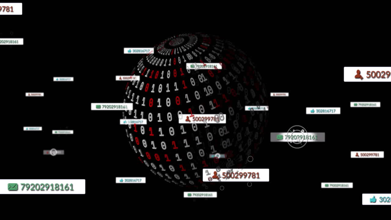animación de iconos de redes sociales con números en todo el mundo con procesamiento de datos en fondo negro