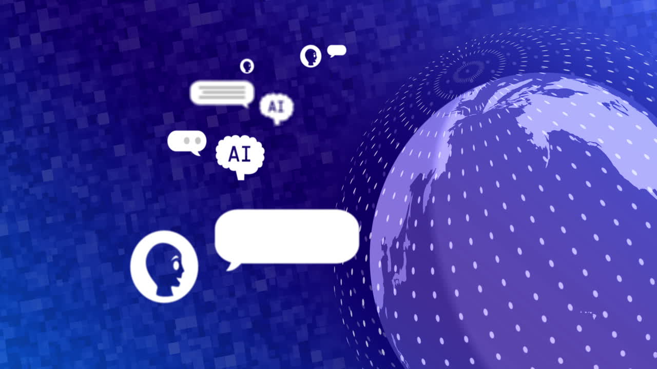 Animation of online ai chat over globe on blue background
